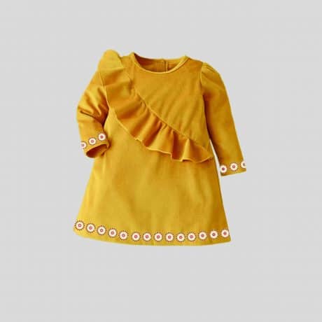 Girls full sleeves yellow mustard dress with frill sash detail and floral trim-RKFCW246