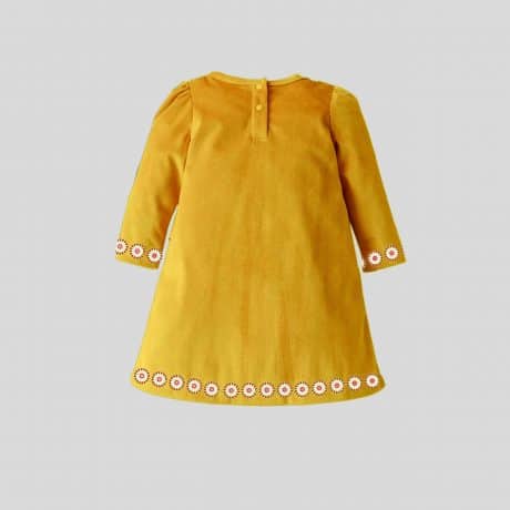 Girls full sleeves yellow mustard dress with frill sash detail and floral trim-RKFCW246