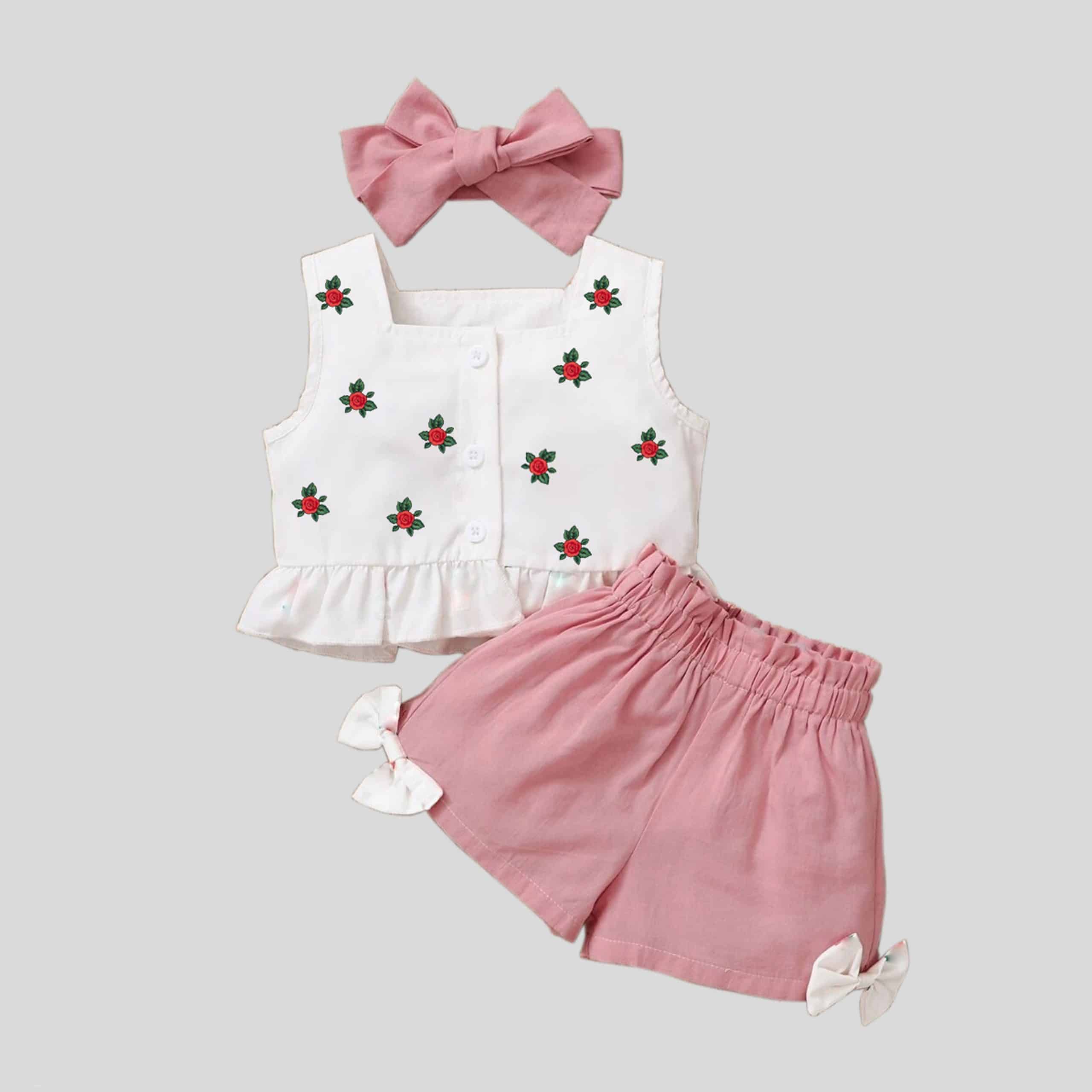 Girls white sleeveless top with floral print details, pink shorts set and matching headband-RKFCW247