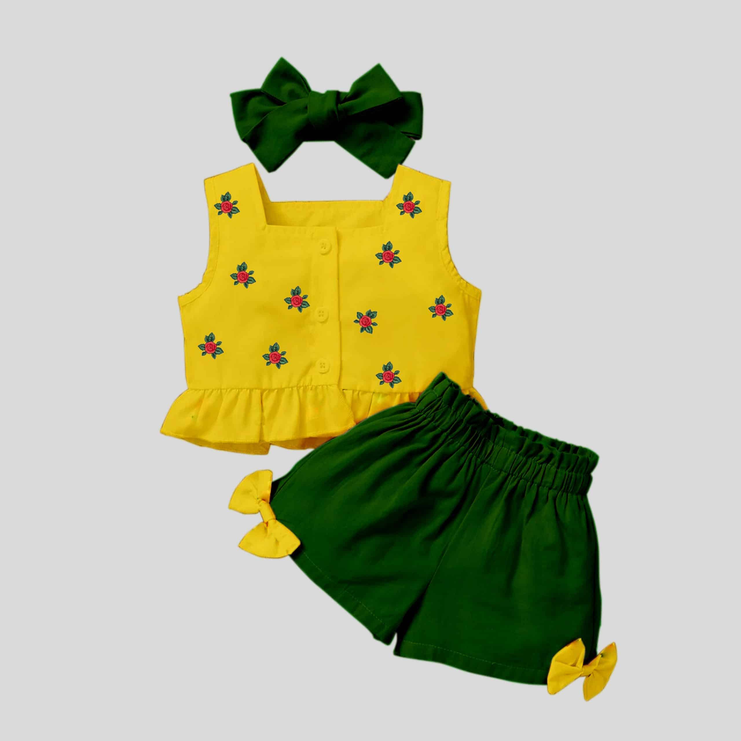 Girls yellow sleeveless top with floral print details, green shorts set and matching headband-RKFCW248