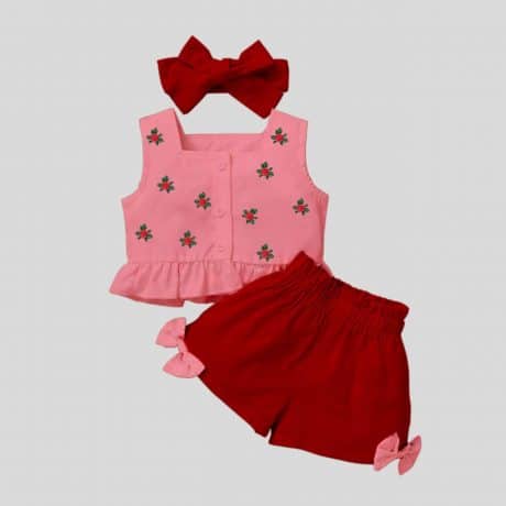 Girls pink sleeveless top with floral print details, maroon shorts set and matching headband-RKFCW249