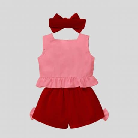 Girls pink sleeveless top with floral print details, maroon shorts set and matching headband-RKFCW249
