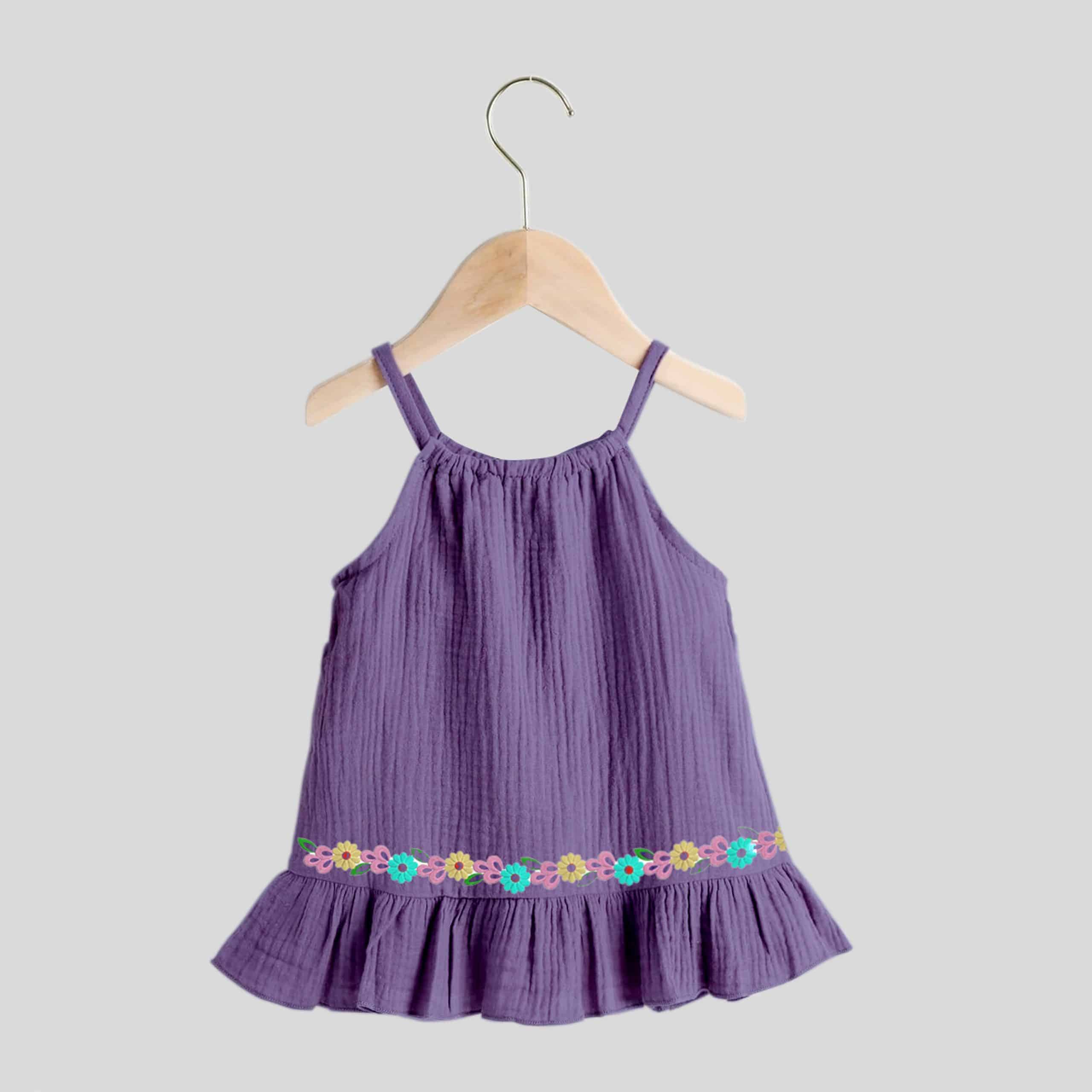 Girls pretty deep lavender sleeveless frill dress with floral print trim-RKFCW252