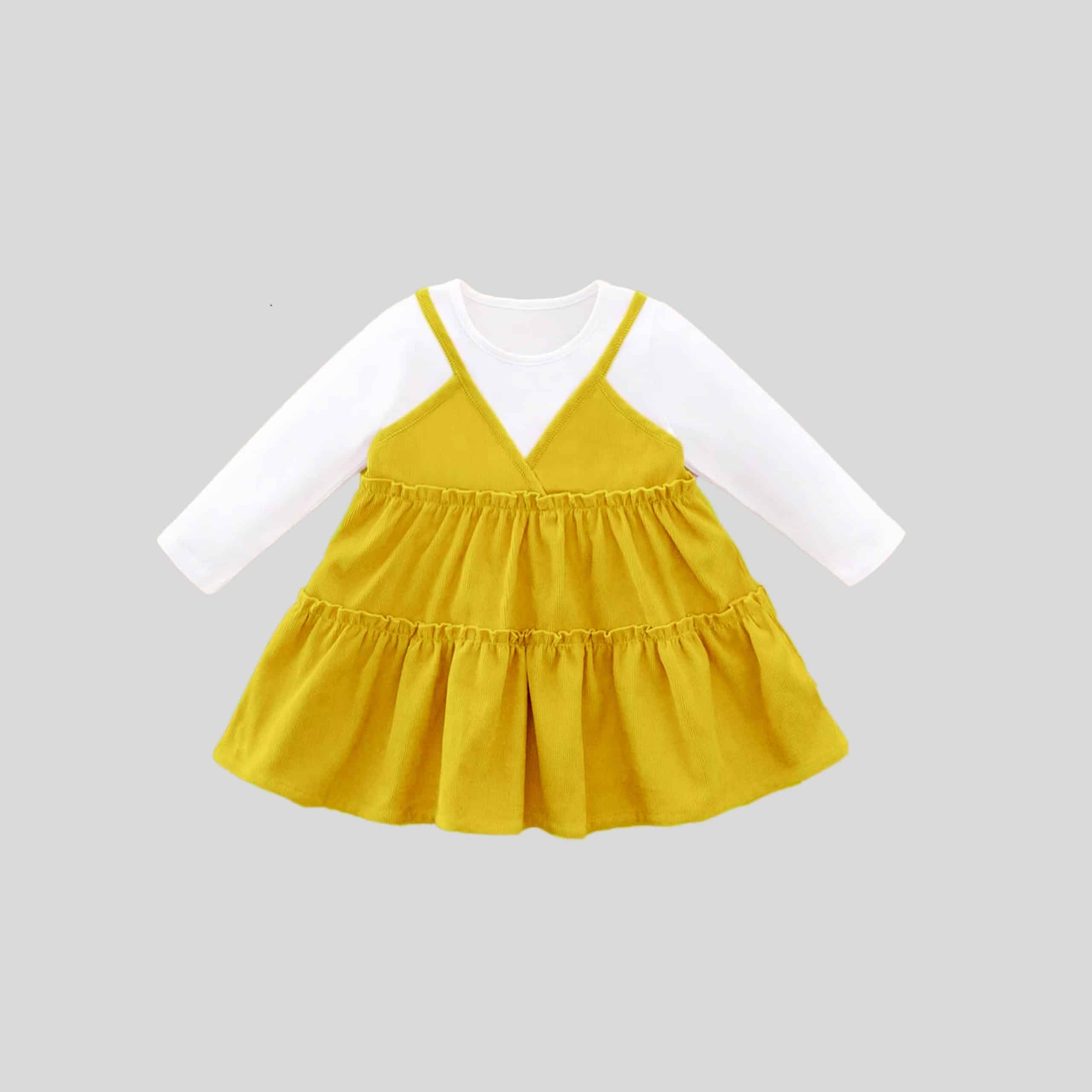 Girls full sleeves white top and yellow frilly Dungarees set-RKFCW254