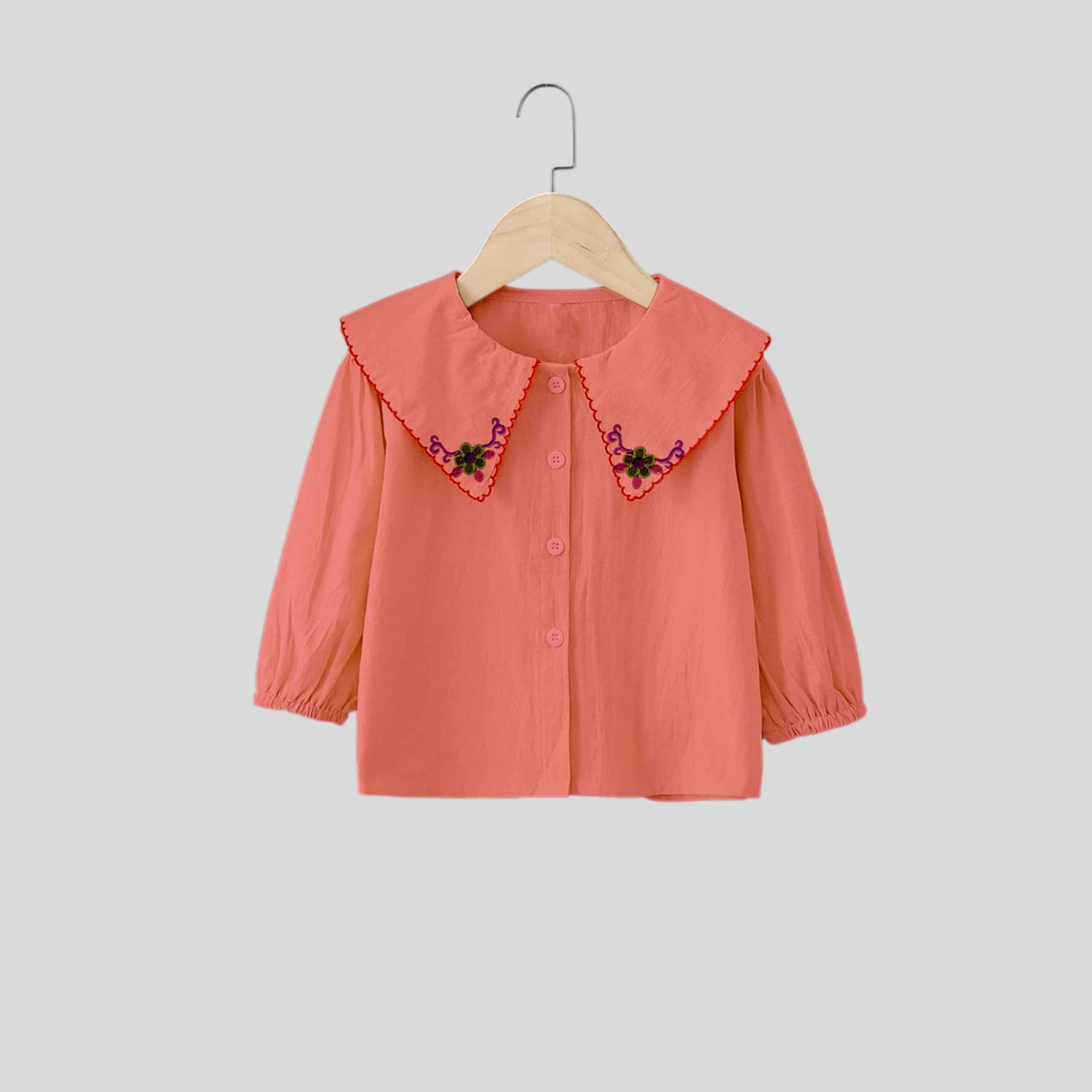 Girls peach floral embroidered cape collar full sleeves shirt top-RKFCW256