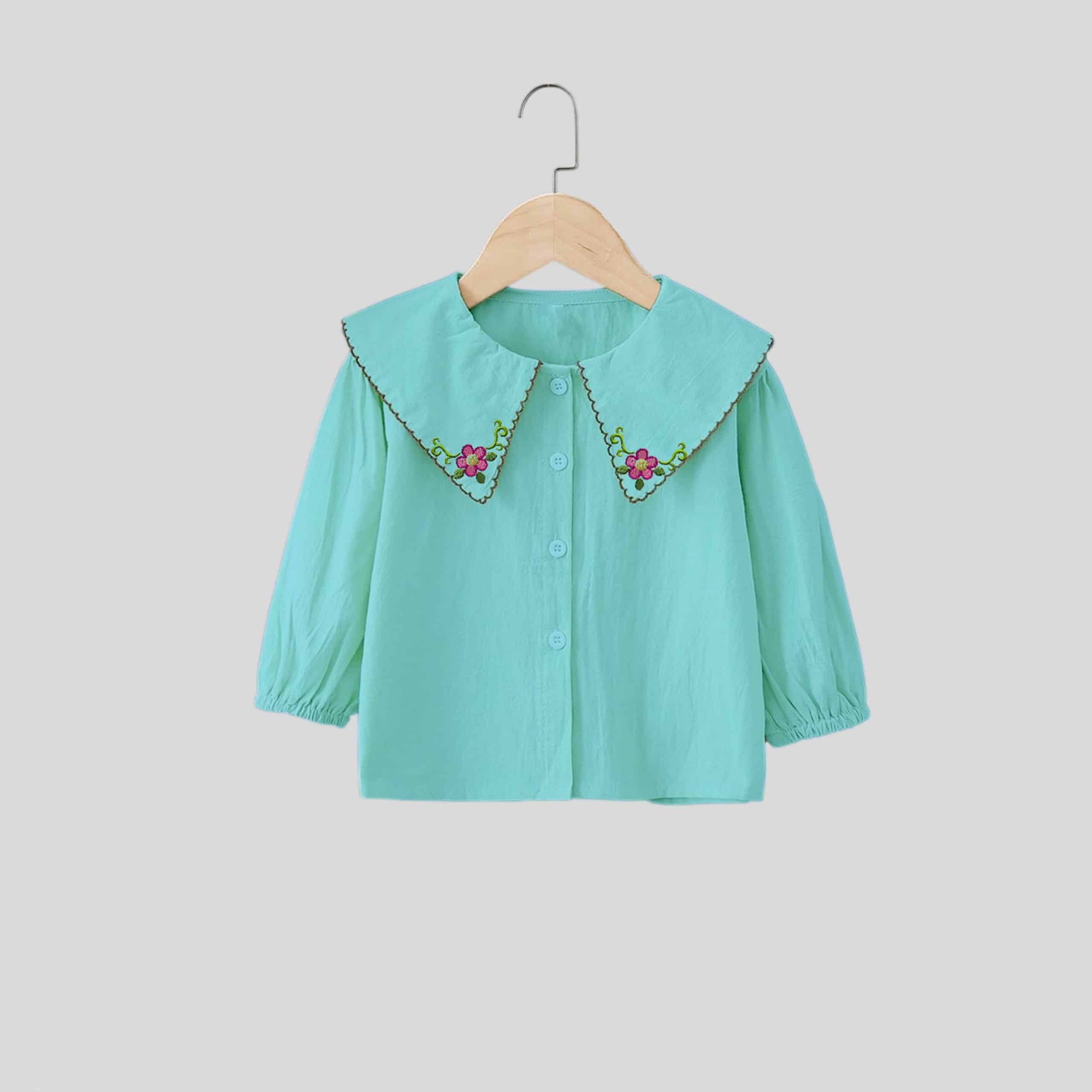 Girls green floral embroidered cape collar full sleeves shirt top-RKFCW258