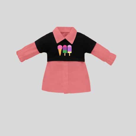Girls peach full sleeves pointed collar shirt dress with black short sleeve cute print top set-RKFCW259
