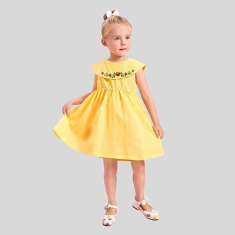 Girls bertha collar yellow with floral print pretty dress-RKFCW262