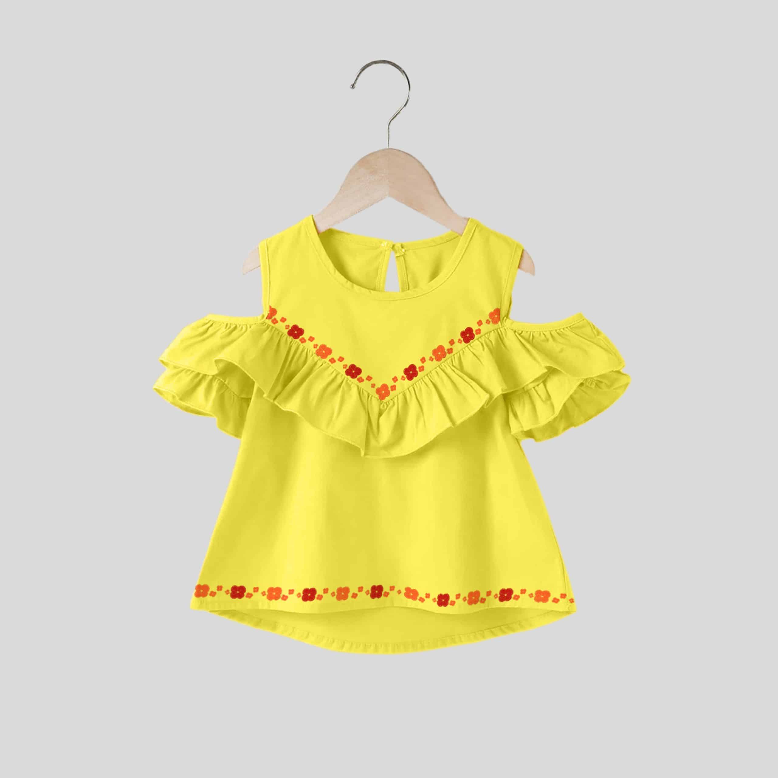 Girls yellow cut out sleeve frill dress with floral print trim-RKFCW263