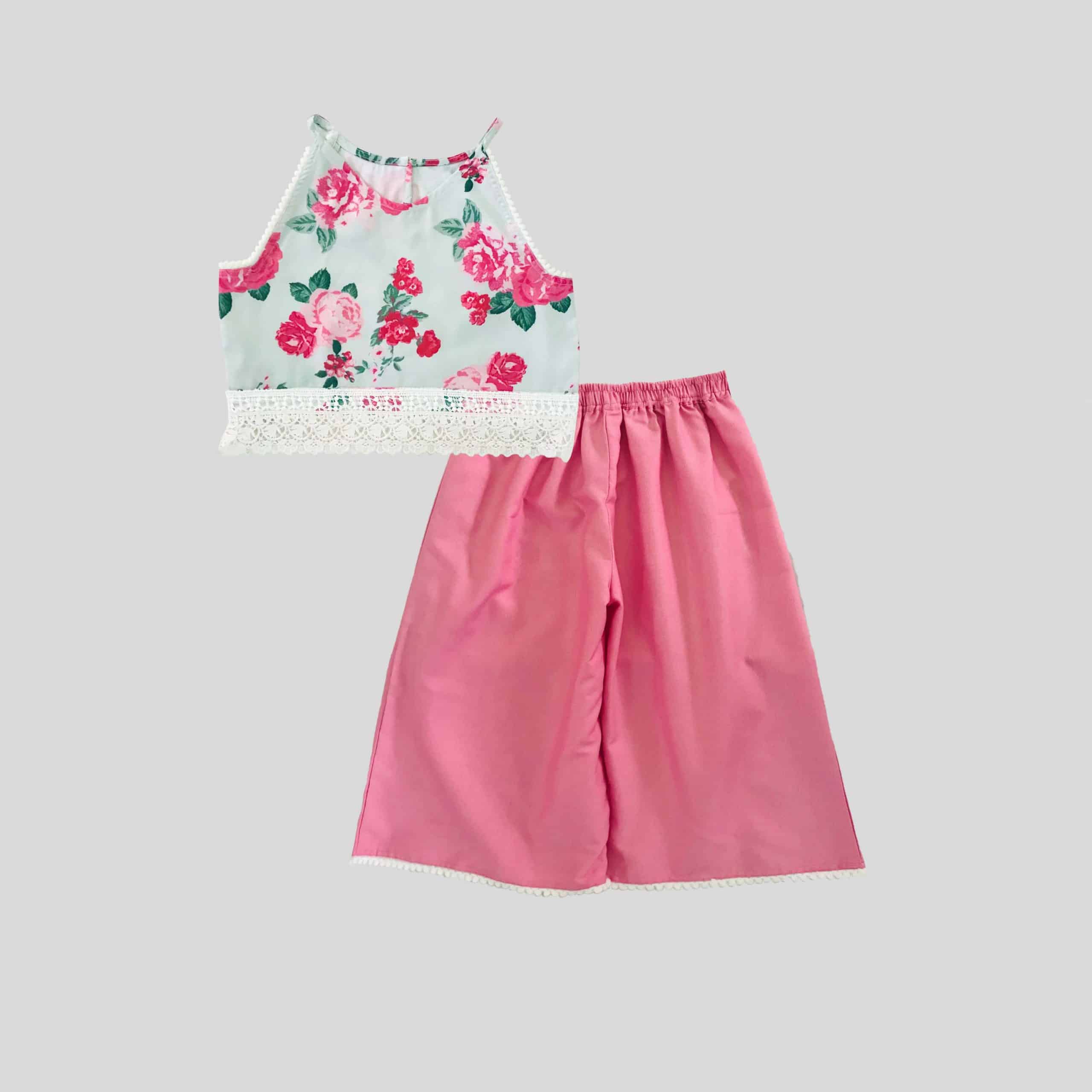Rose print halter neck and lace trim top & pink pants set - RKFCW290