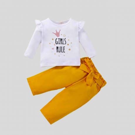 Girls white frill full sleeves top with yellow bow belt Pants set – RKFCW300