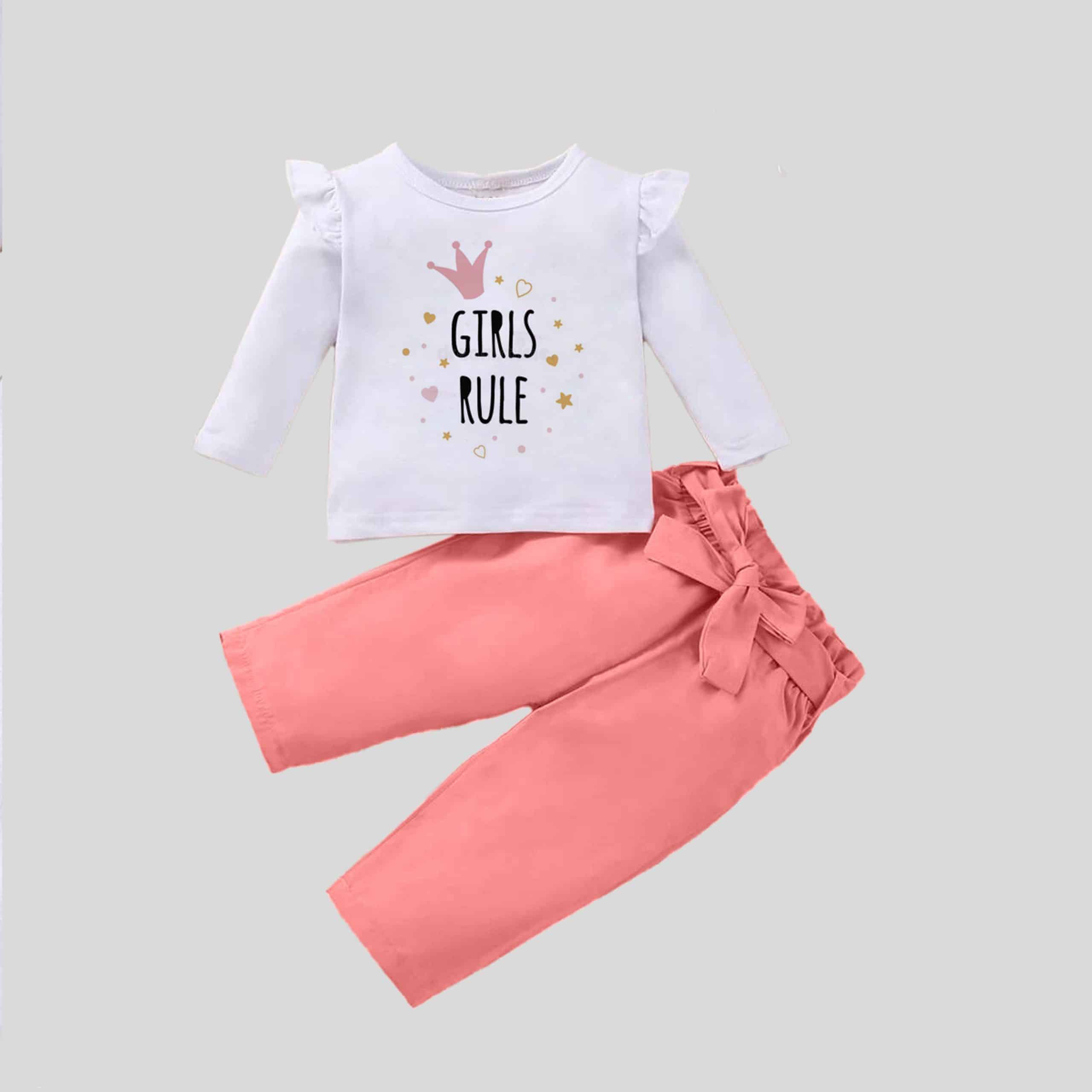 Girls white frill full sleeves top with pink bow belt Pants set -  RKFCW301