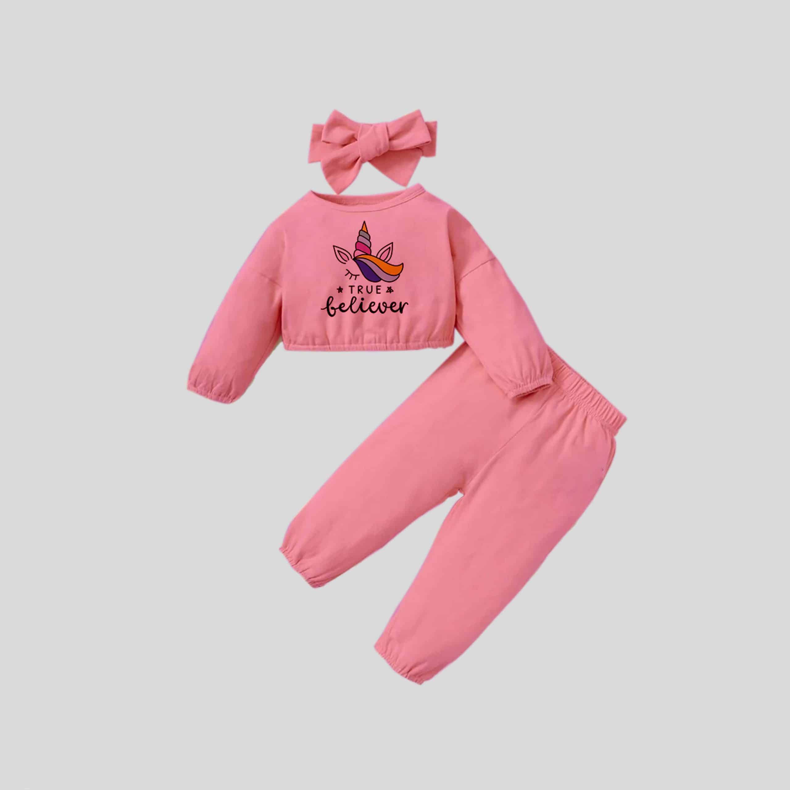 Girls Pink Sweatshirt with Cute print Details and Pants Set - RKFCW304