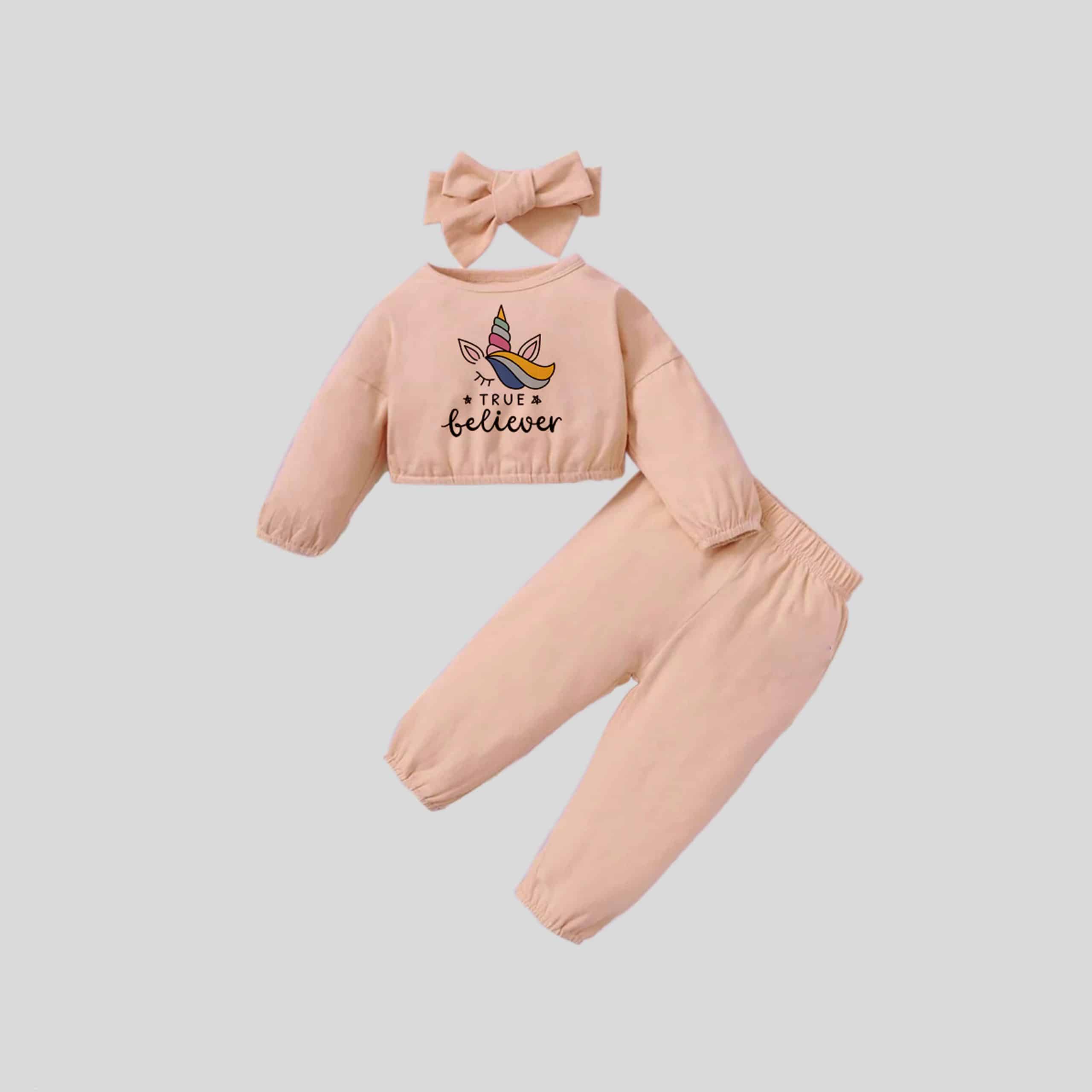 Girls peach Sweatshirt with cute print details and Pants set with matching headband-RKFCW305