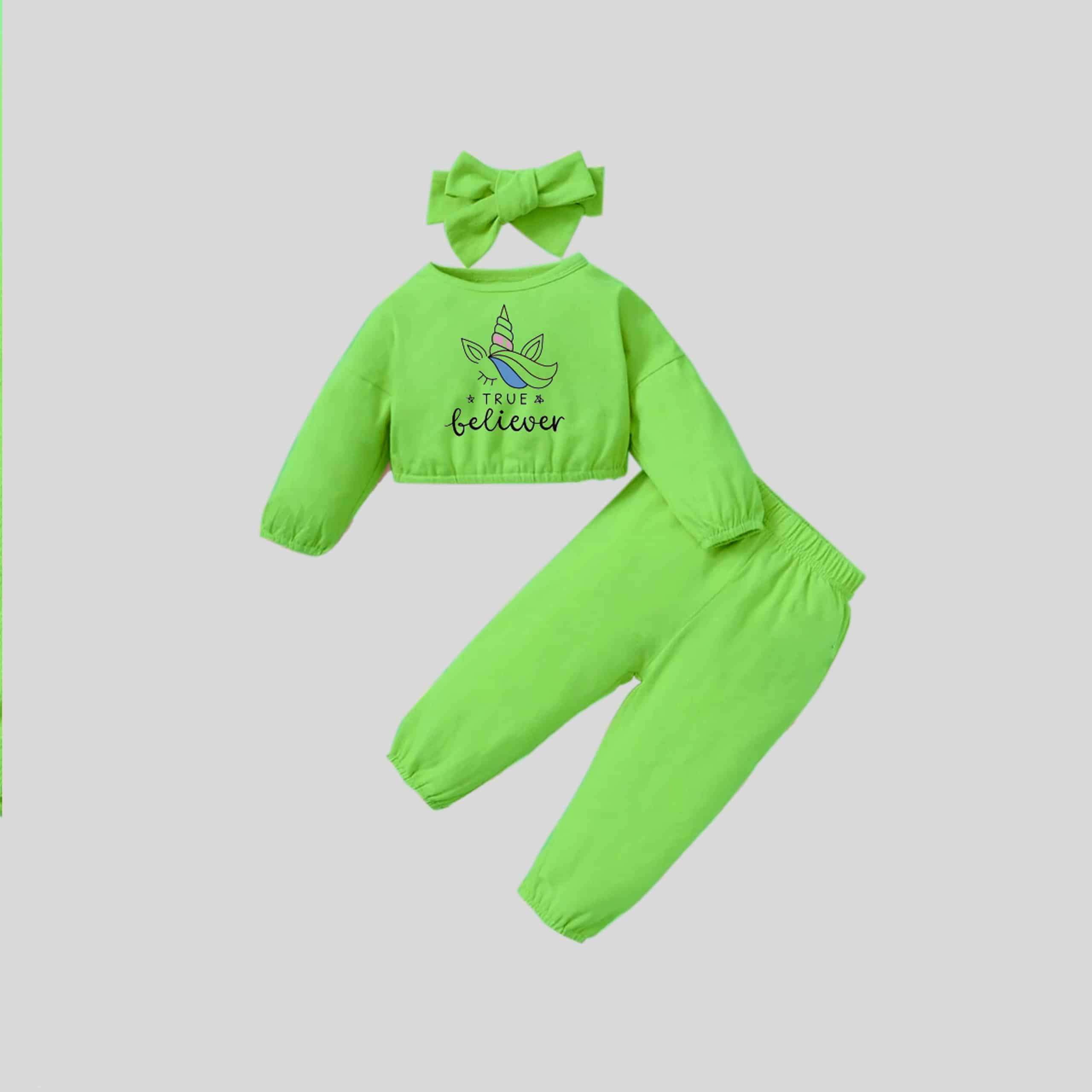 Girls green Sweatshirt with cute print details and Pants set with matching headband-RKFCW306