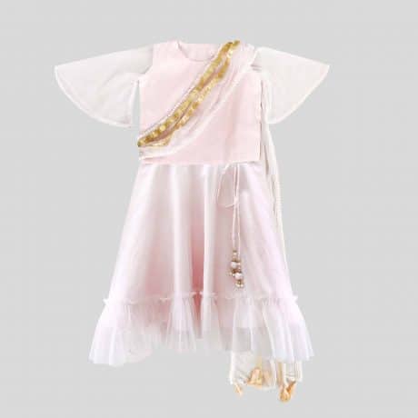 Girls very pretty light pink ethnic draped top and net overlay lehenga set-RKFCW307
