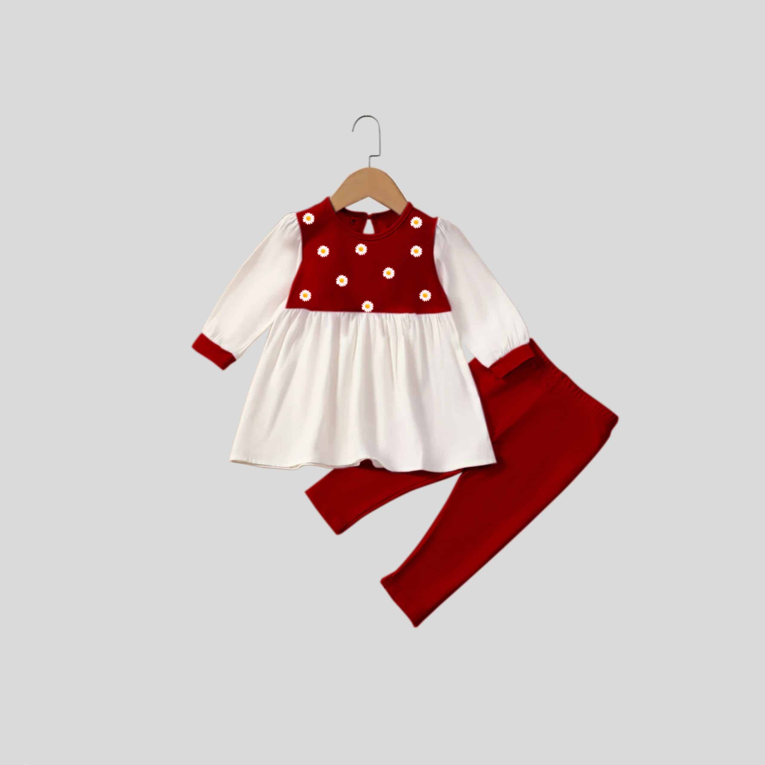 Girls Smart Polka Dot Full Sleeve Baby Doll Top and Maroon Pants-RKFCW308
