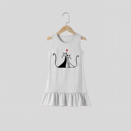 Girls White Sleeveless Pretty Cat Print Dress – RKFCW310