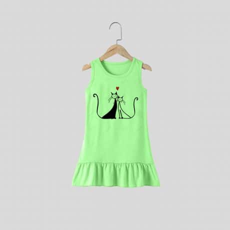 Girls Green Sleeveless Pretty Cat Print Dress – RKFCW311