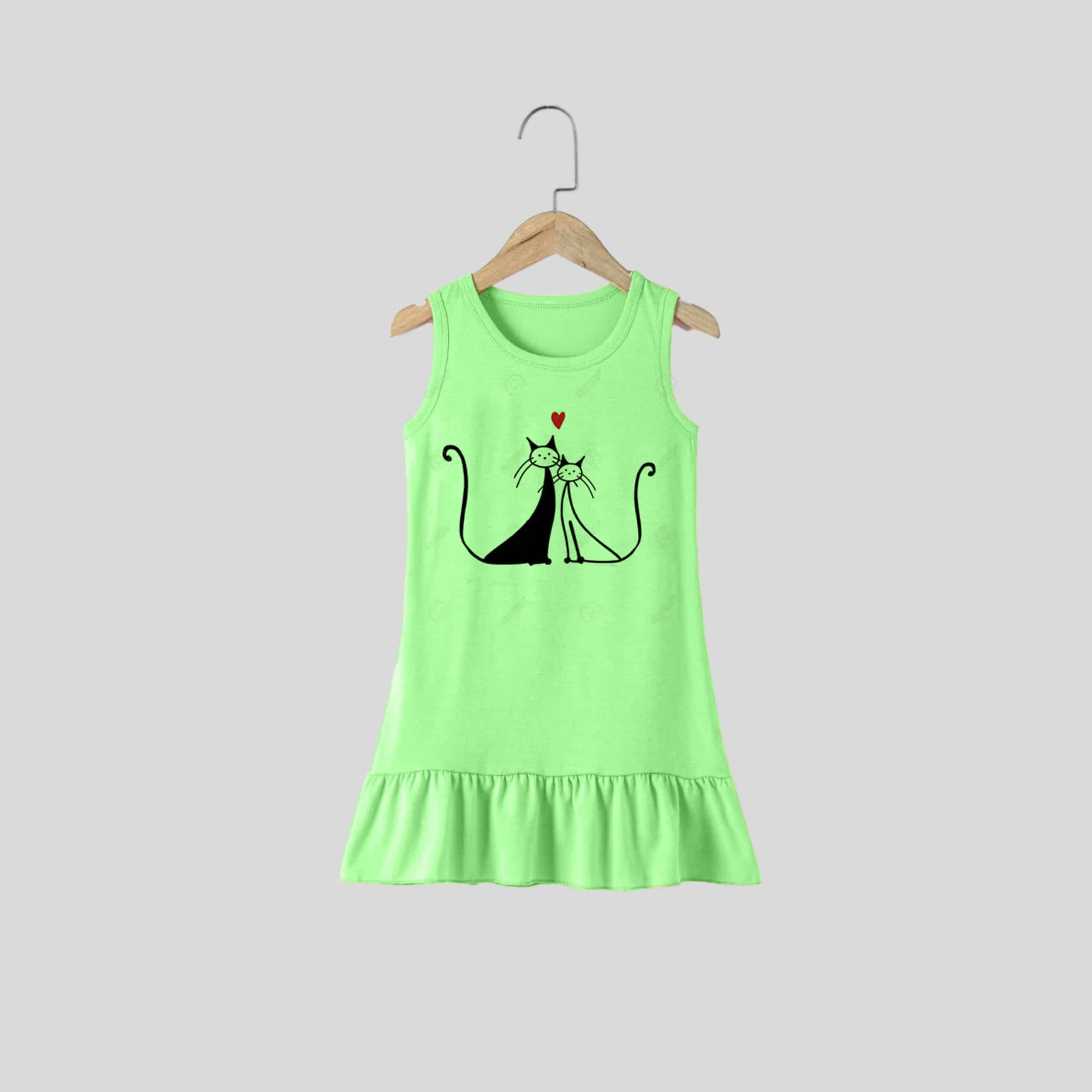 Girls Green Sleeveless Pretty Cat Print Dress - RKFCW311