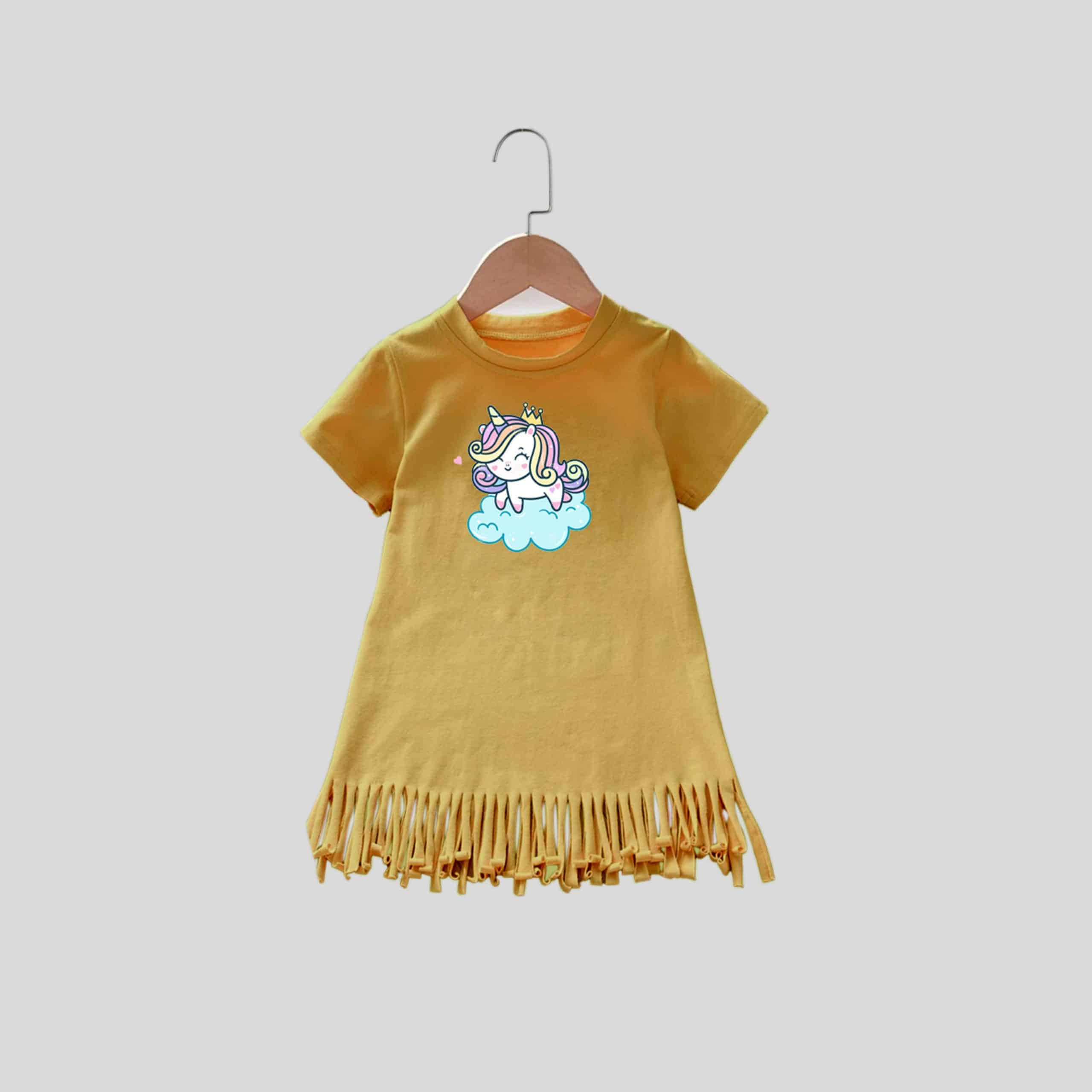 Girls Yellow Fringe Dress with Unicorn Print - RKFCW315