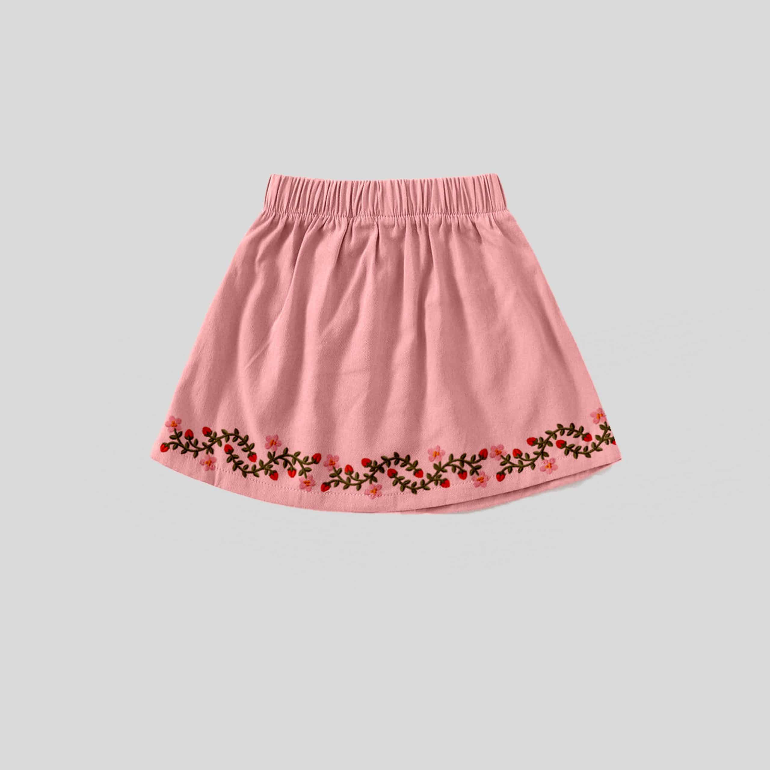 Girls Pink Skirt With a Floral Print Hemline - RKFCW344