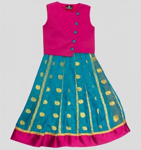 Girls traditional hot pink and blue asymetrical pattu long gown-RKFCW38
