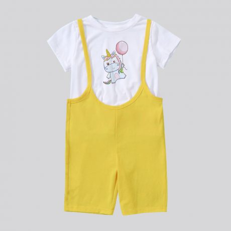 Two piece yellow girl’s jumpsuit with unicorn print for causal wear-RKFCW94