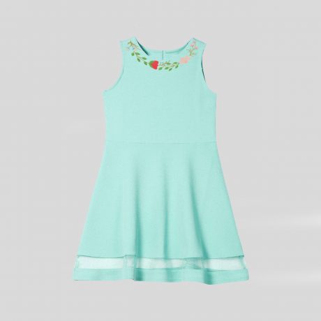 Light blue girl’s frock with floral print on neck with net at bottom-RKFCW97