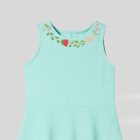 Light blue girl’s frock with floral print on neck with net at bottom-RKFCW97
