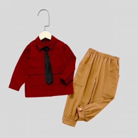 Boys light maroon Front Shirt & cream elastic pants-RKFCW180