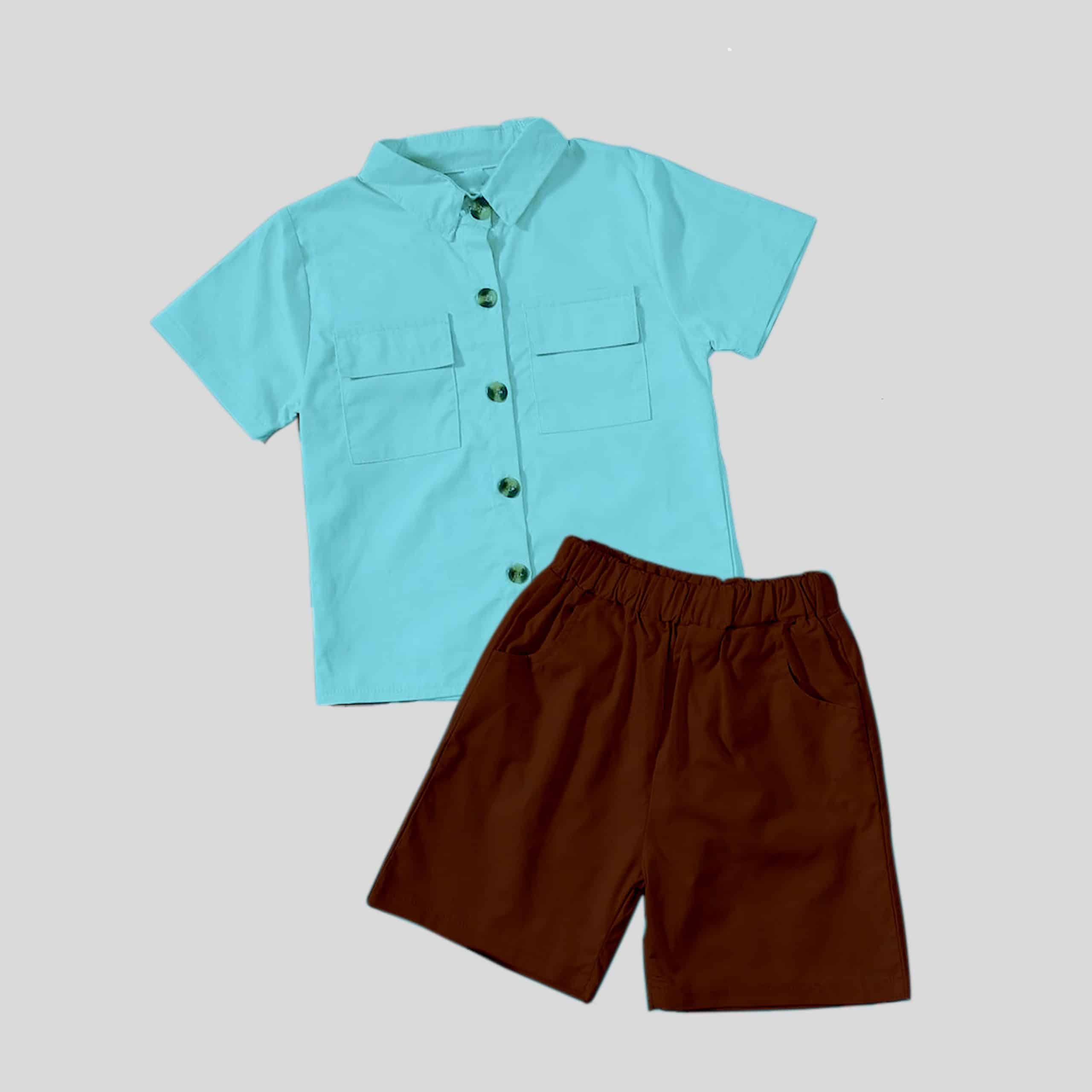 Boys light blue Button Front Shirt & dark brown elastic Shorts-RKFCW183