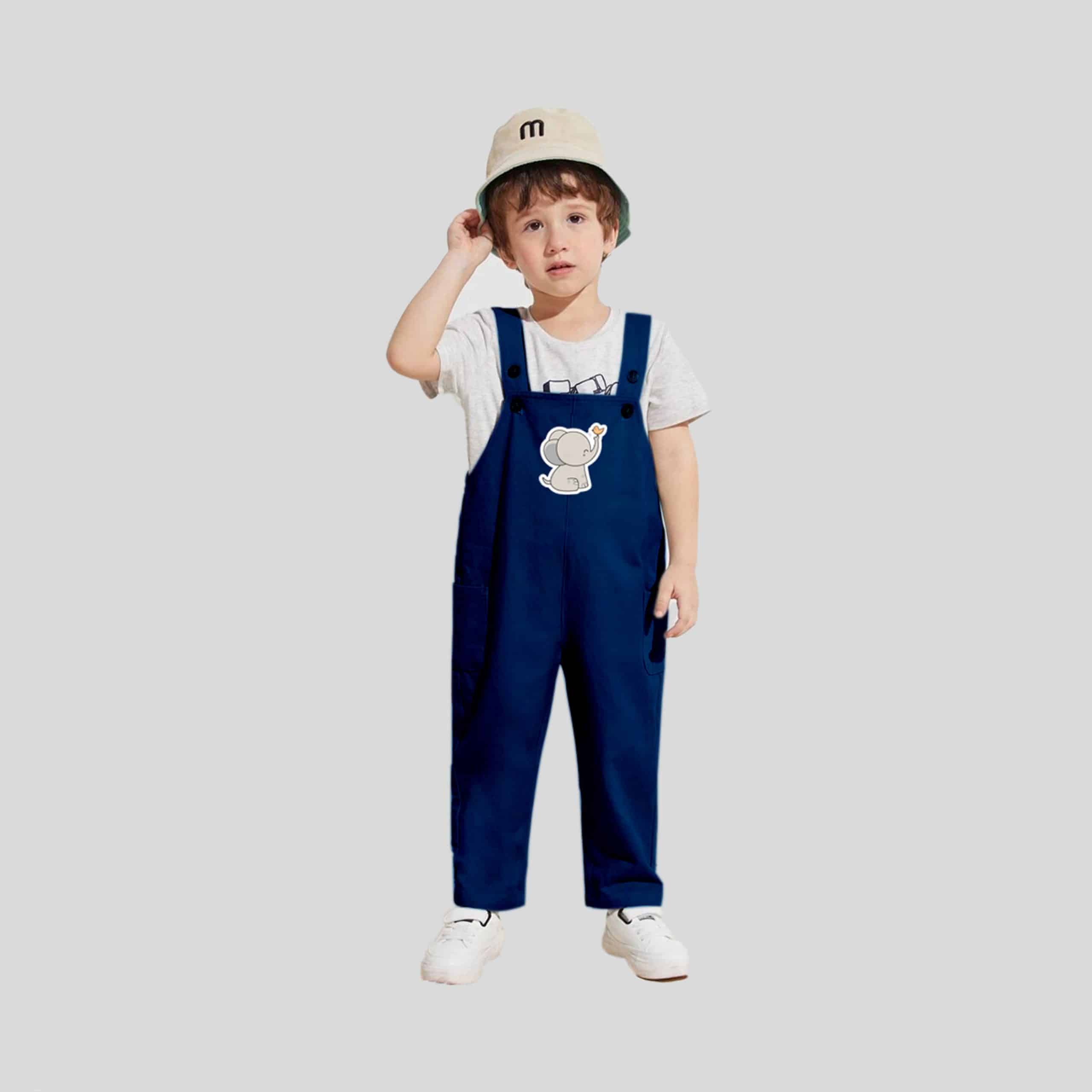 Boys Navy Blue Dungarees with Cute Elephant Print Details, Stylish and Comfortable-RKFCW184