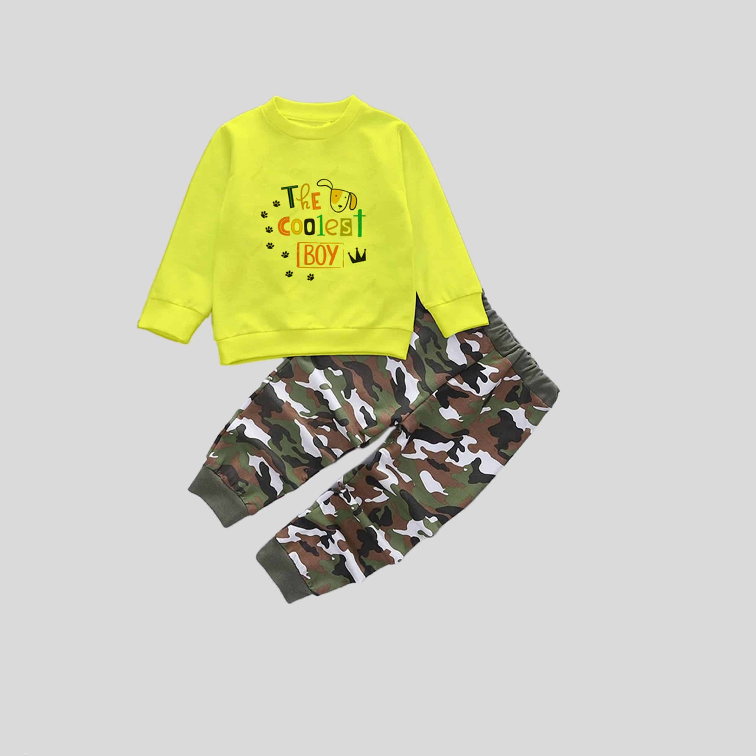 Boys Yellow Sweatshirt with a Fun Print and Camo Pant Set - RKFCW368