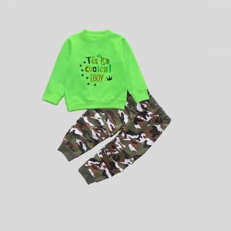 Boys Green Sweatshirt with a Fun Print and Camo Pant Set – RKFCW370