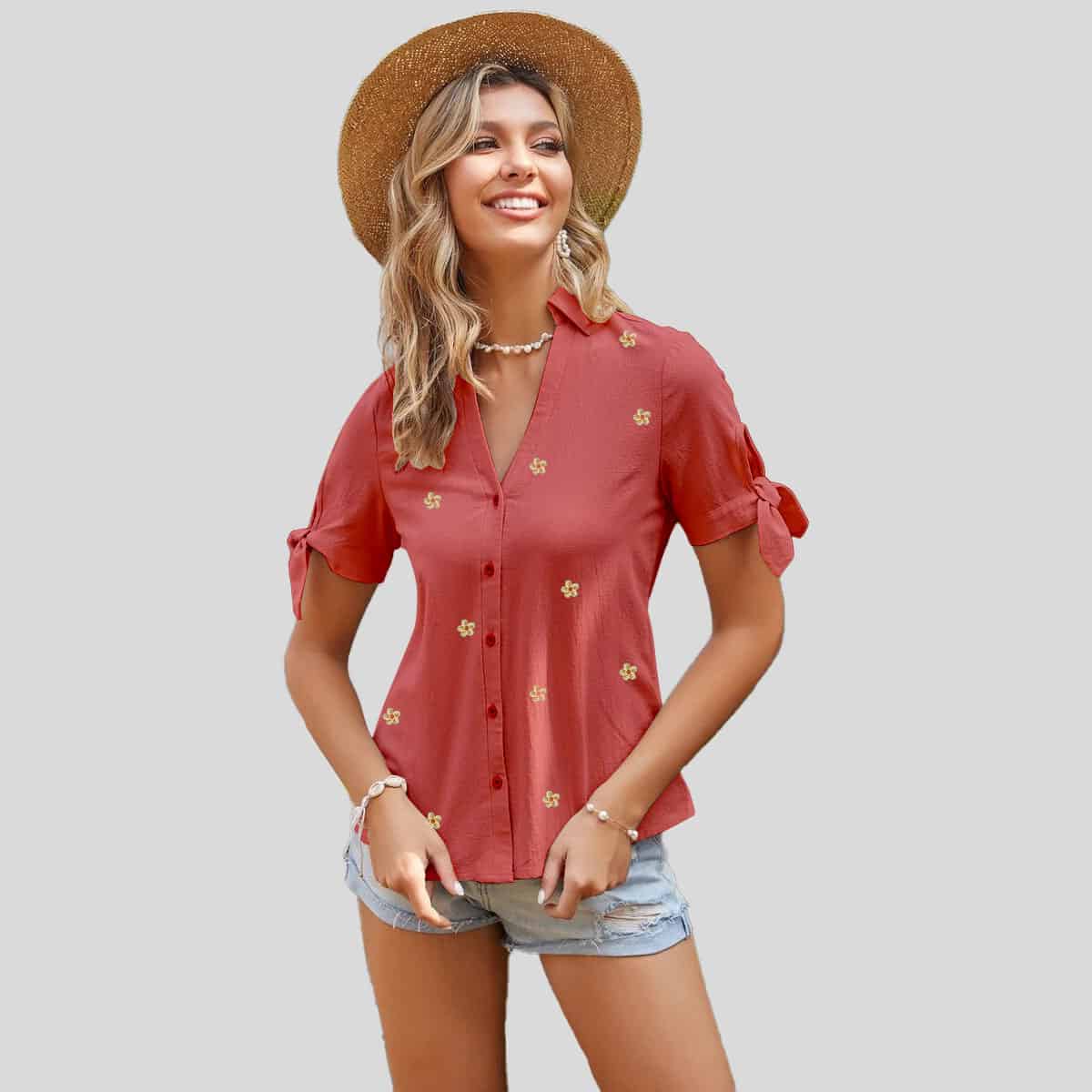 Peach Knotted Cuff Button Up Blouse-RCT022