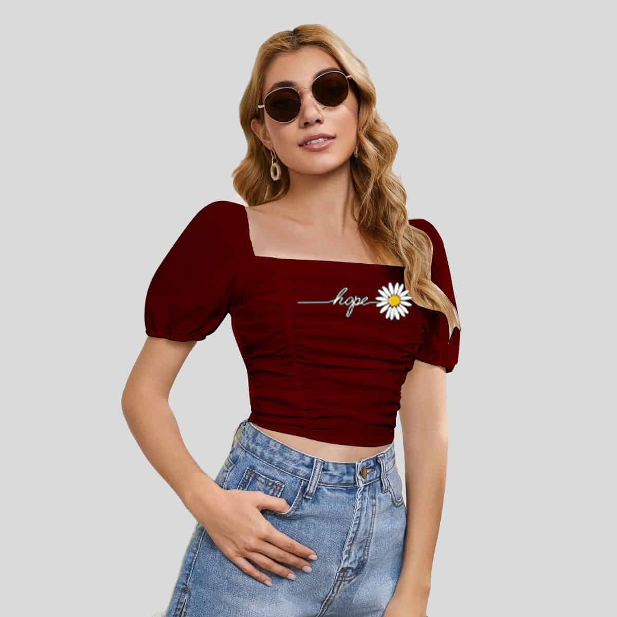 Wine Red Lace Up Back Rucked Front Crop Top-RCT023