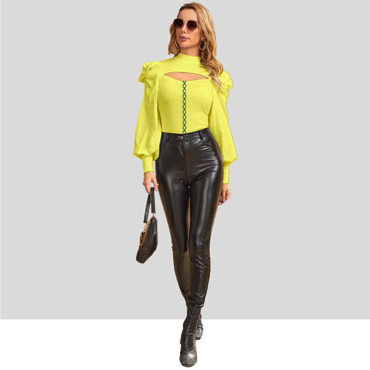 Yellow Rucked Puff Sleeve Cut Out Mock Neck Top-RCT033