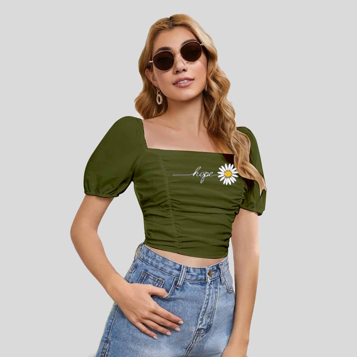 Juniper Green Lace Up Back Rucked Front Crop Top-RCT034