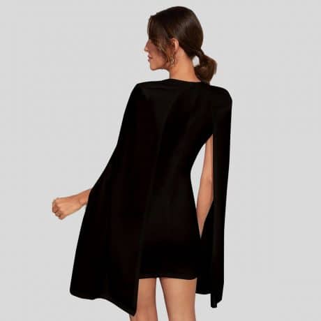 Black Plunging Solid Cape Dress-RED061B