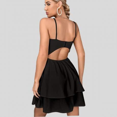 Black color Cut Out Back Layered Hem Cami Dress-RED062A