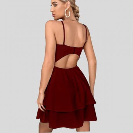 Maroon color Cut Out Back Layered Hem Cami Dress-RED062B