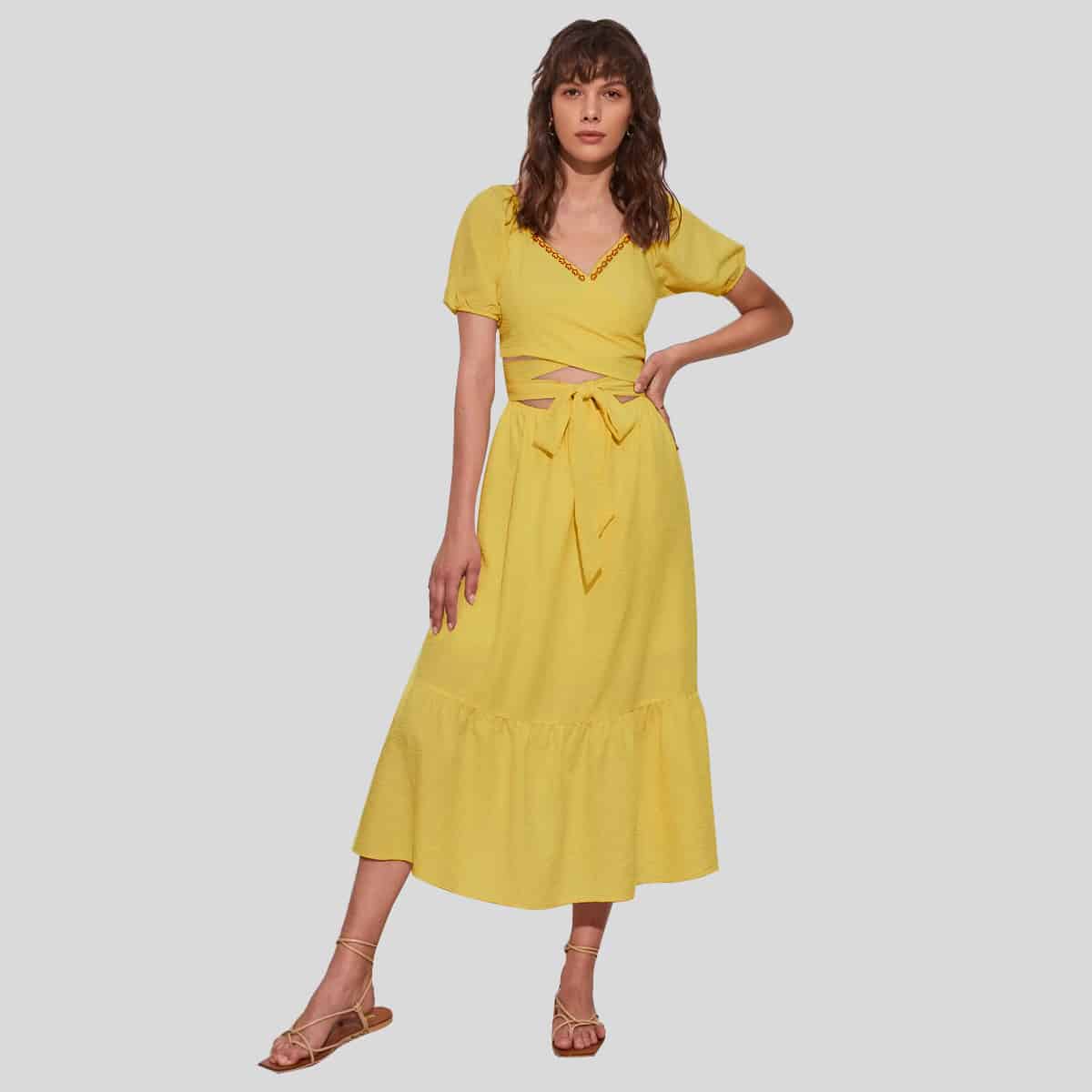 Yellow Blouson Sleeve Knot Front Wrap Dress-REM006