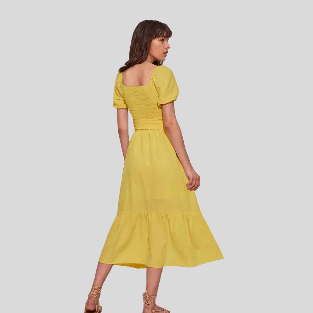 Yellow Blouson Sleeve Knot Front Wrap Dress-REM006
