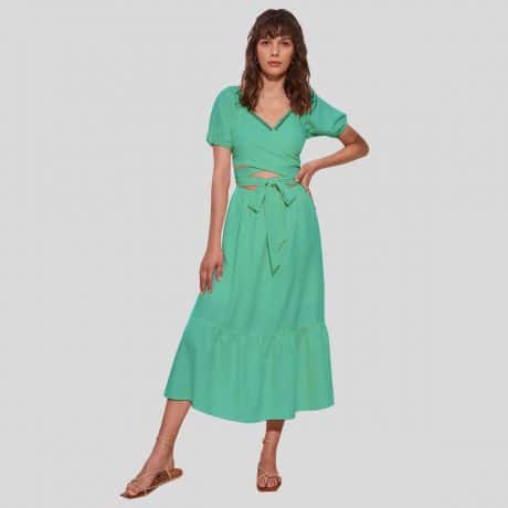Turquoise Blouson Sleeve Knot Front Wrap Dress-REM007