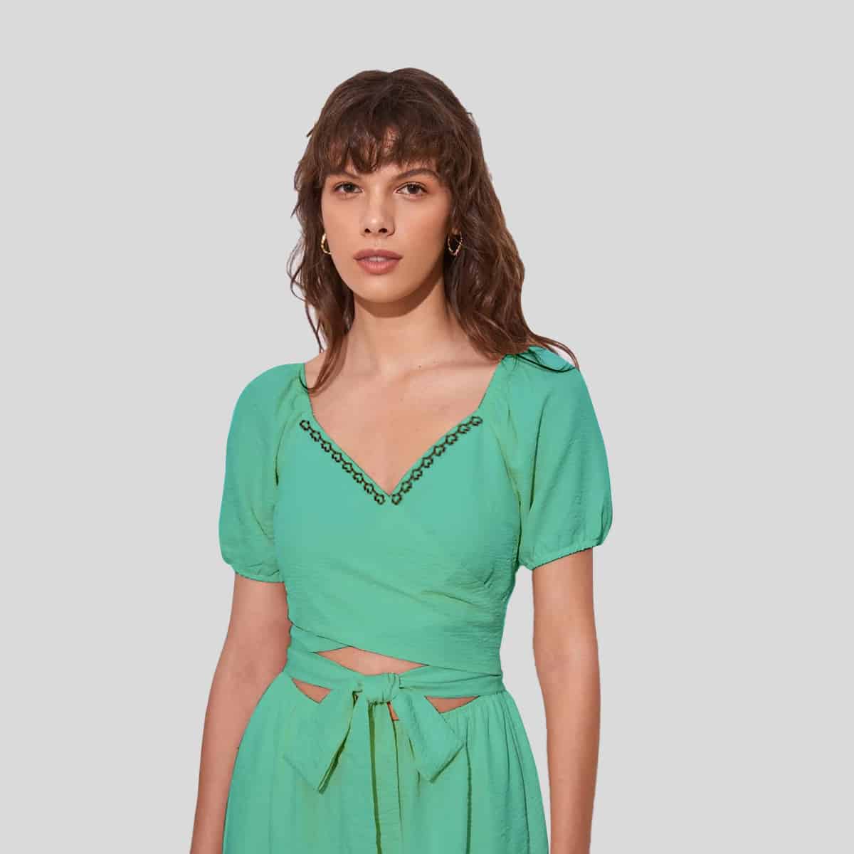 Turquoise Blouson Sleeve Knot Front Wrap Dress-REM007