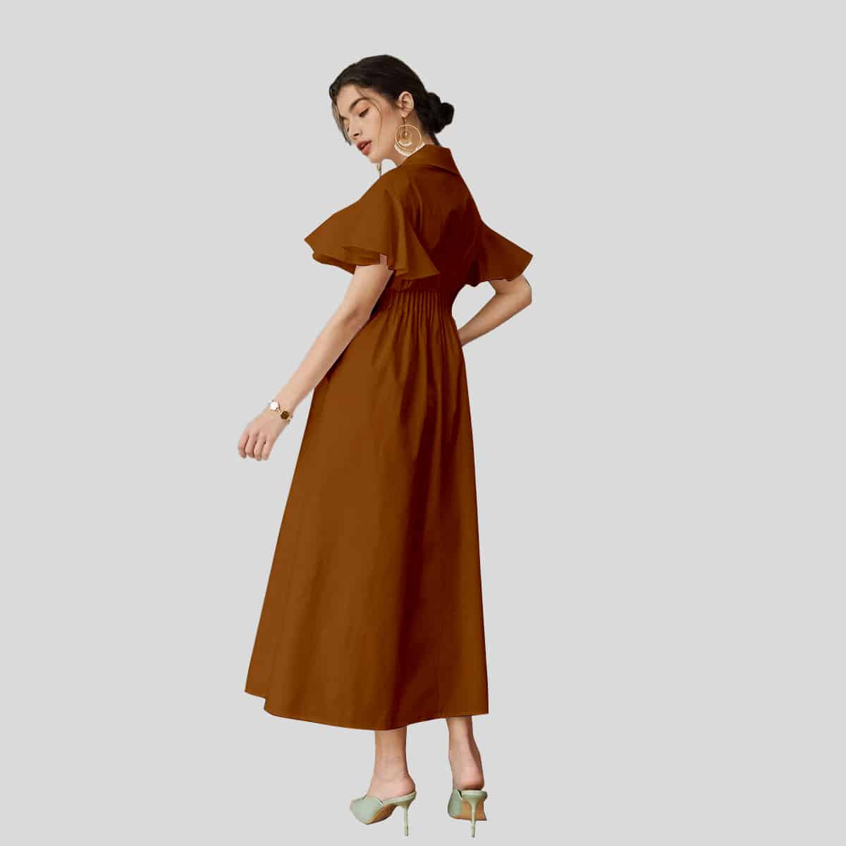 Brown Lapel Collar Butterfly Sleeve Shirred Waist Shirt Dress-REM008