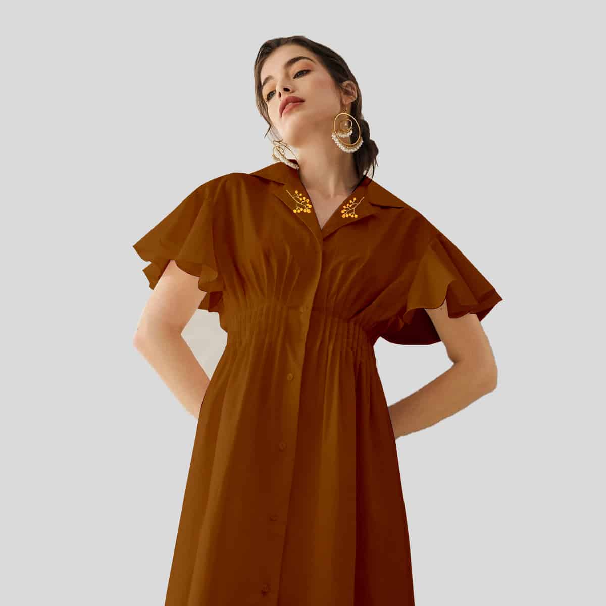 Brown Lapel Collar Butterfly Sleeve Shirred Waist Shirt Dress-REM008