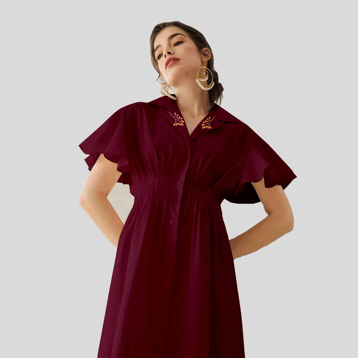 Wine Lapel Collar Butterfly Sleeve Shirred Waist Shirt Dress-REM009