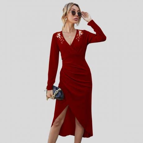 Maroon Neck Wrap Asymmetrical Hem Velvet Dress-ROD042A